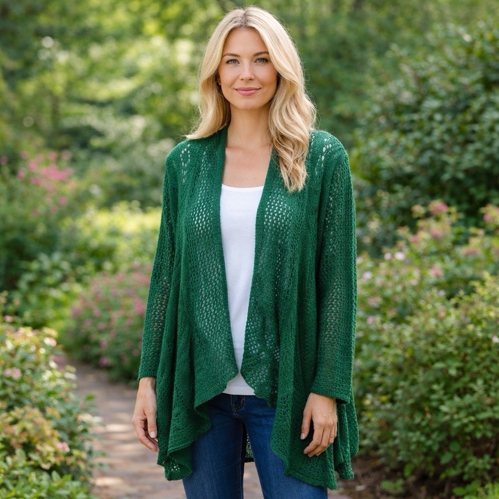 NWOT Liz Claiborne Emerald Open Front Knit Floral Cardigan Cover Up Fairycore S‎